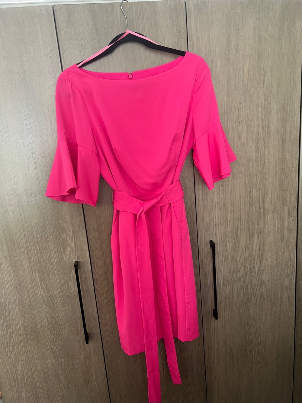 Eliza J Hot Pink Belted Midi Dress with Ruffle Sleeves